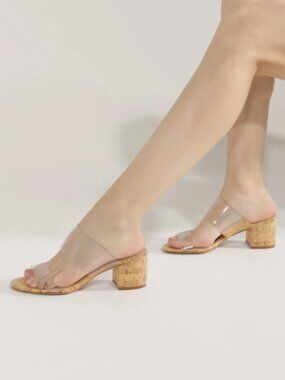 Schutz Women's Victorie Mid Block Clear Strap Heel Sandals Size 7.5, Resortwear